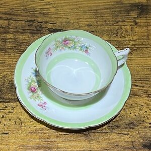 Floral White & Green China Teacup & Saucer